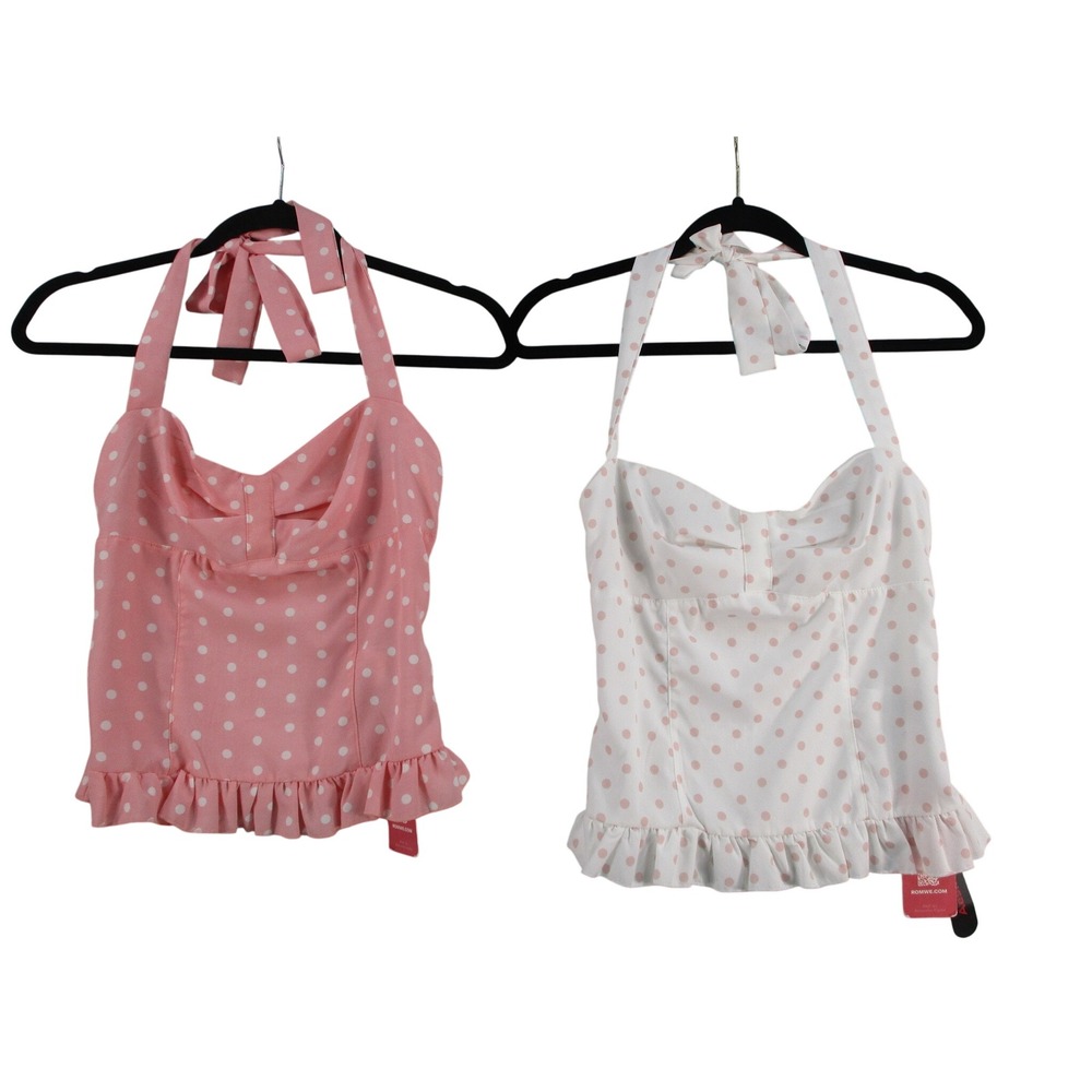 Romwe 2PK Polka Dot Halter Top Set Pink White Ruffle Hem Kawaii Coquette Small